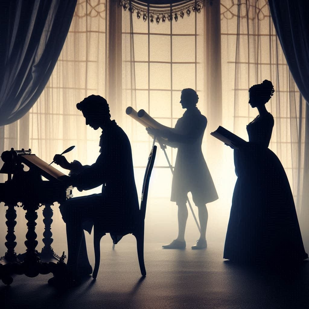 Woman writing a script while man directs a scene – metaphor for hidden leadership.