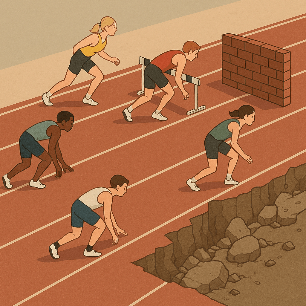"Illustration showing unequal opportunities in society with runners starting a race from different positions."
