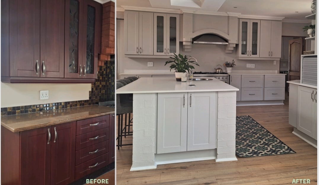 Modern dark kitchen cabinetry transformed with architectural vinyl