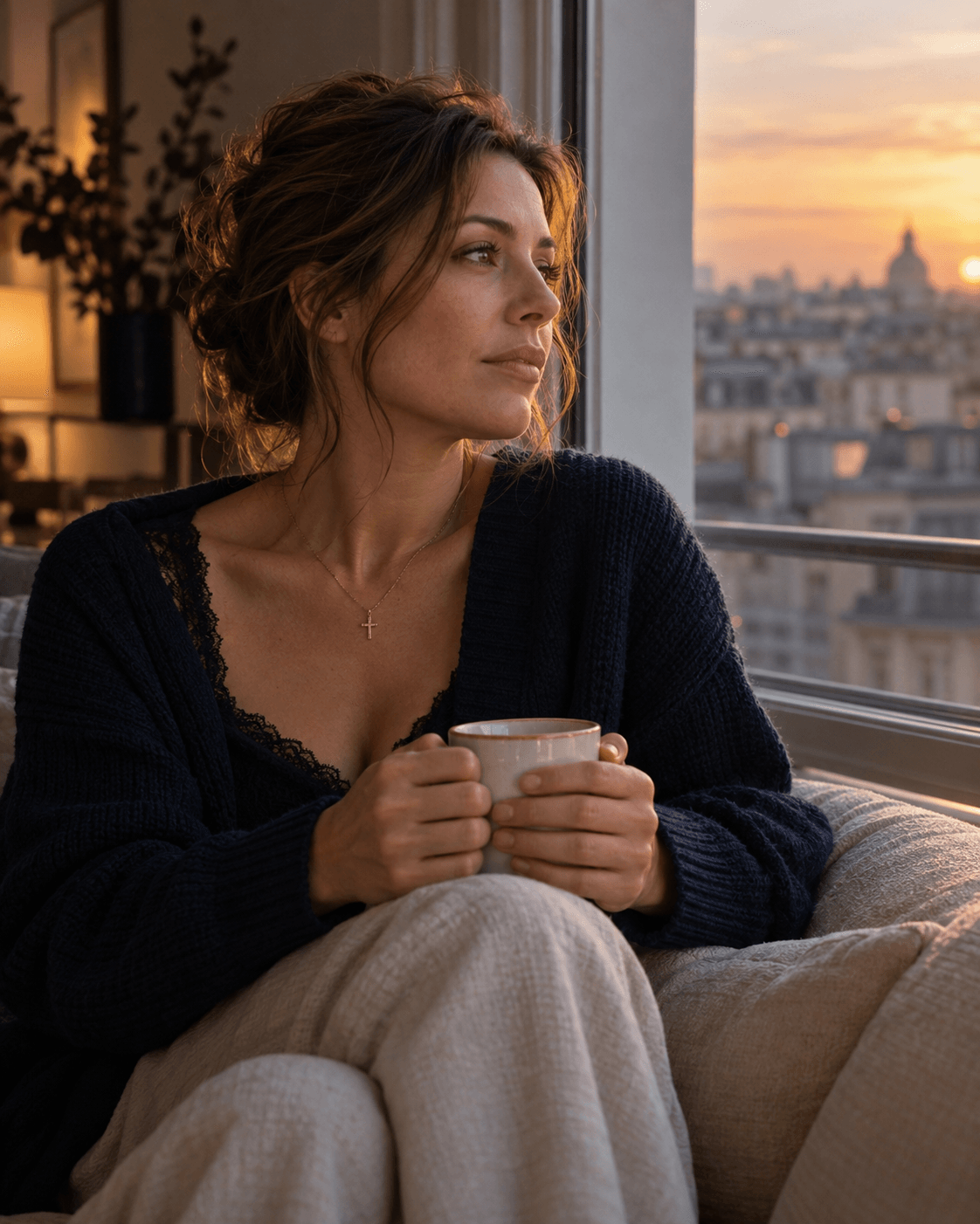 Célibataire chrétienne, pensive près de la fenêtre