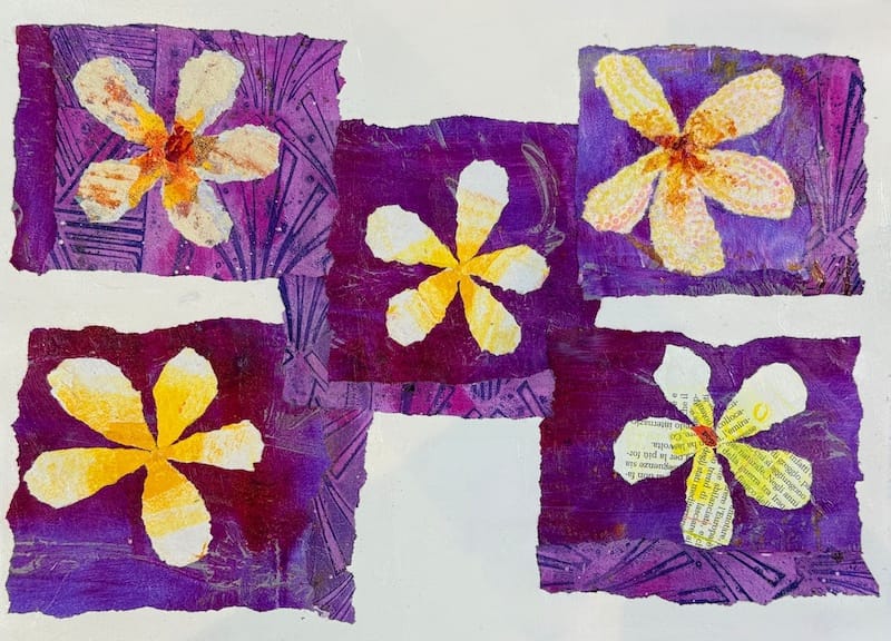 Five collaged flowers made with patterned hand printed paper.
