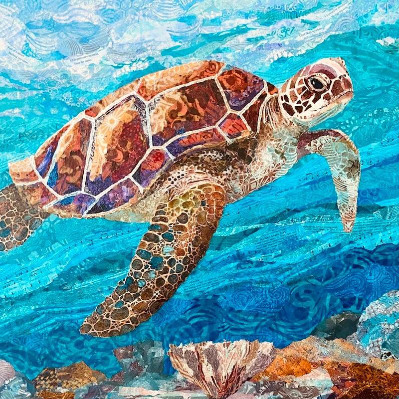 A collage of a turtle in the sea. Created by Amber Bennison Artist.