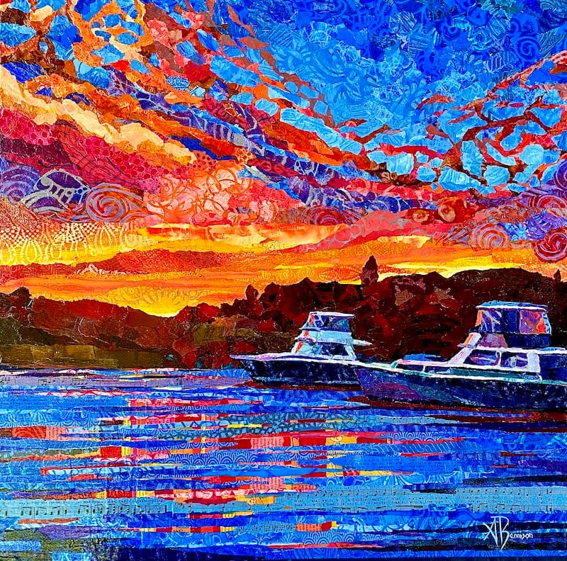 A collage of 2 boats on the water. Bright colours mainly orange and blue. Created by Amber Bennison Artist.