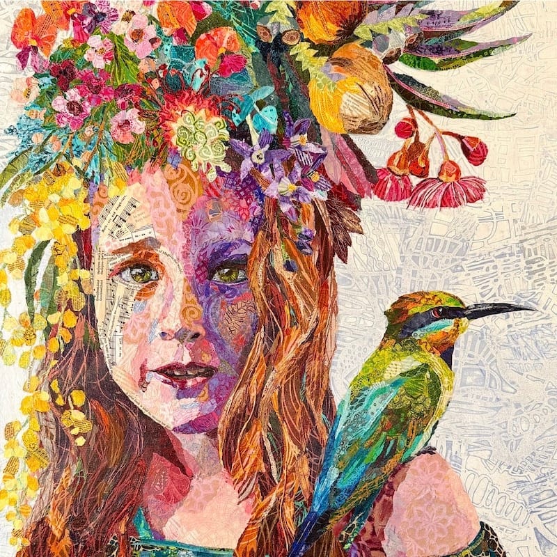 A realistic collage portrait of a girl with flowers in her hair and a bird on her shoulder, made with hand painted papers. Created by Amber Bennison Artist.