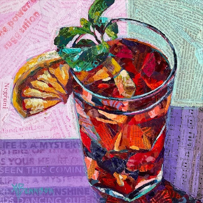 A realistic torn paper collage of a cocktail drink, made with hand painted papers. Created by Amber Bennison Artist.