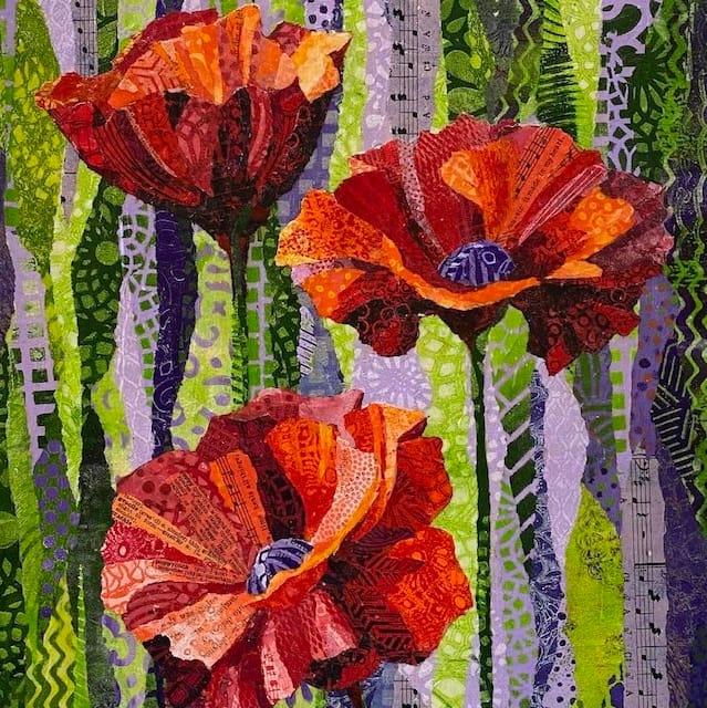 A realistic painted paper collage of three poppies, made with hand painted papers. Created by Amber Bennison Artist.