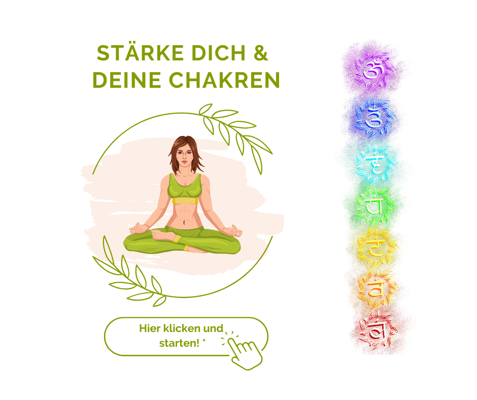 Frau im Lotussitz umgeben von Chakra-Symbolen als Affiliatelink