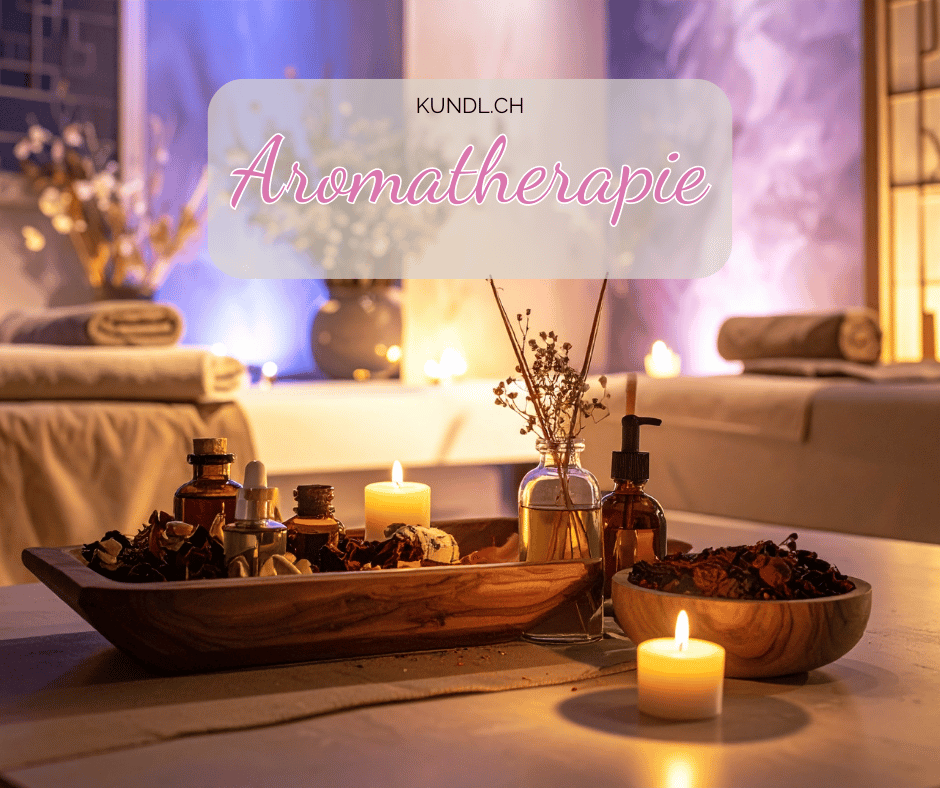 Entspannte Atmosphäre mit Kerzen und verschiedenen Duftflaschen aus der Aromatherapie in einem Spa.
