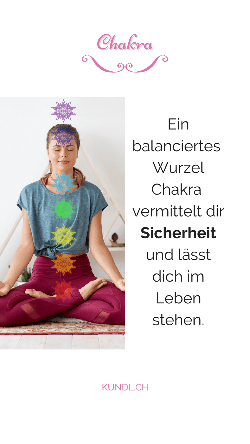 entspannt wirkende Frau im Lotussitz mit Farbsymbolen der jeweiligen Chakren auf ihrem Körper 