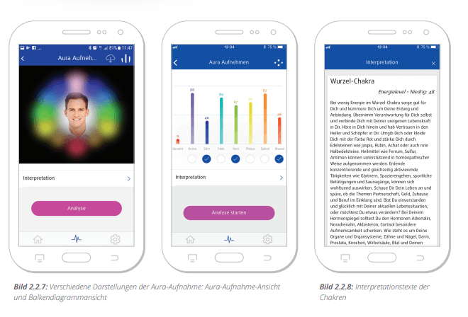 Drei Handybildschirme mit unterschiedlichen Bildern einer Chakren Analyse mit dem Healy