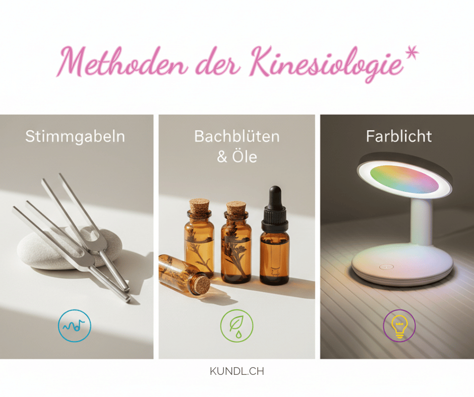 Methoden der Kinesiologie mit Stimmgabeln, Bachblüten, ätherische Öle und Farblichttherapie als Verlinkung