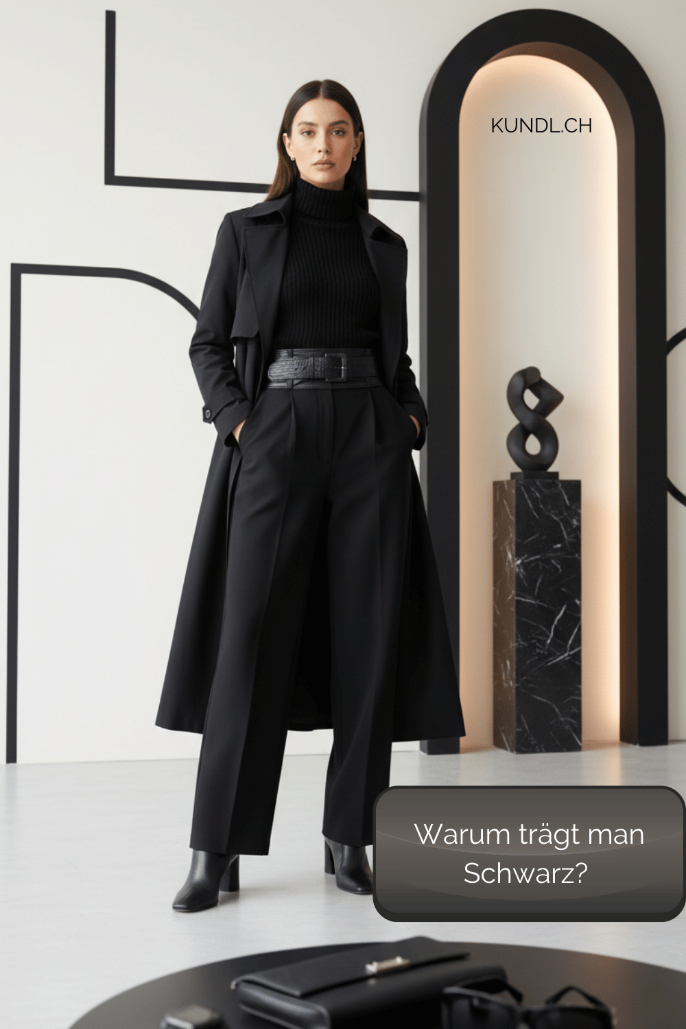 stilvoll gekleideten Frau in schwarzer Mode zur Frage: warum trägt man schwarz