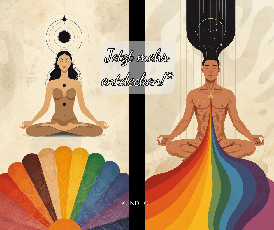 Meditierende Frau und Mann auf Farben umgeben von Farben