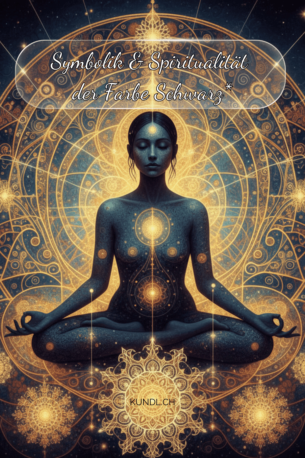 meditierende Frau in schwarz umgeben von goldenen spirituellen Symbolen