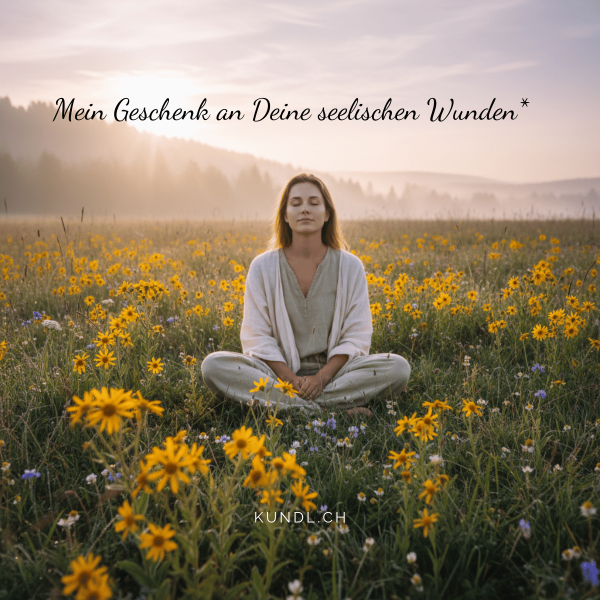 entspannt wirkende Frau sitzt in Arnika Blumen als Affiliatelinks