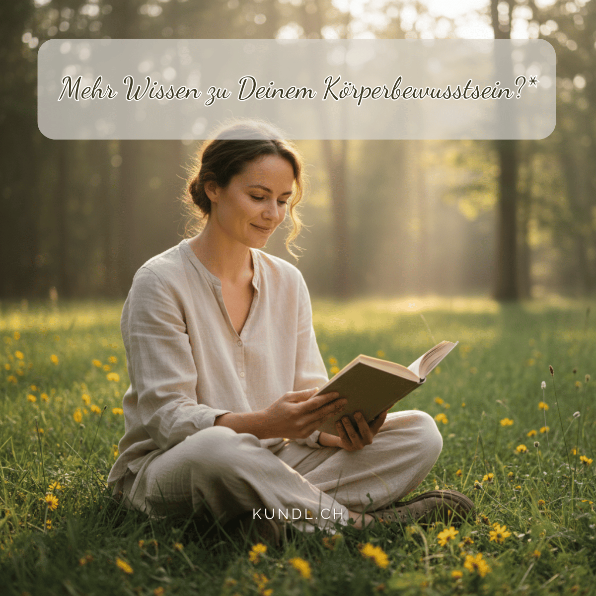 lächelnde entspannte Frau sitz lesend auf einer Waldlichtung