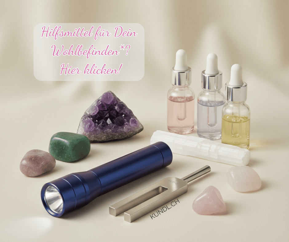 Heilsteine, Klanggabel, Blütenessenzen und Farbtaschenlampe zur Stimulation von Magen 36 als Affiliatelink