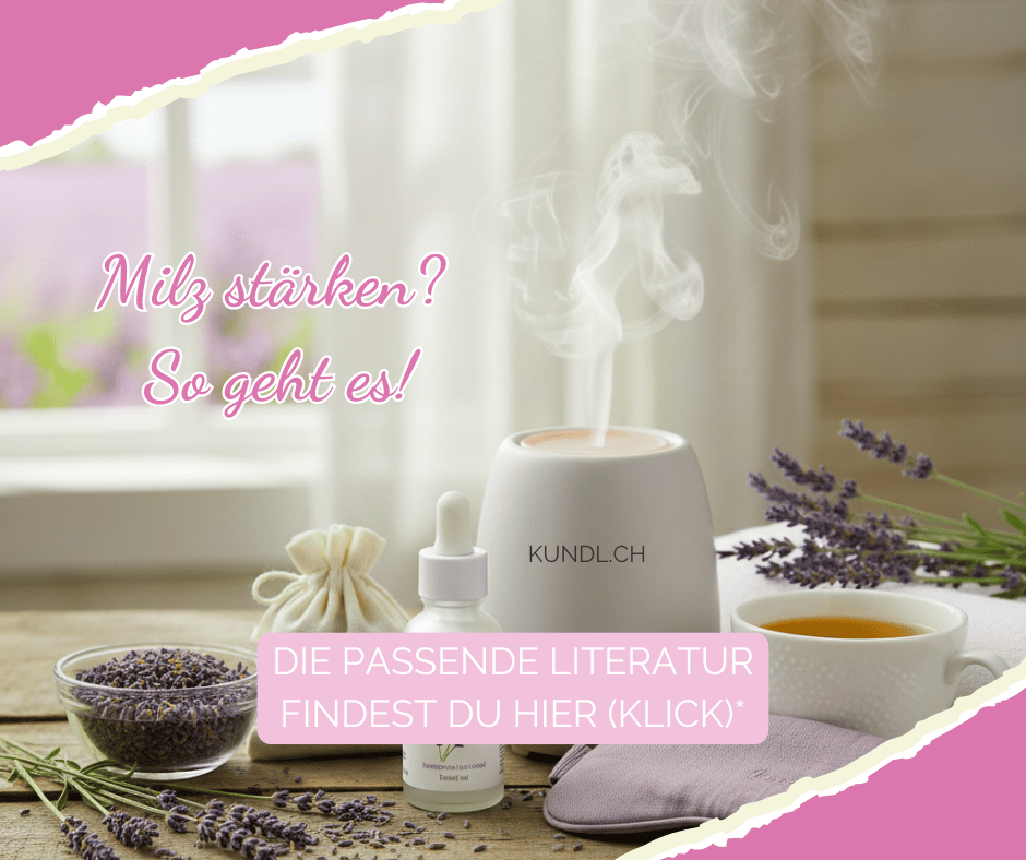 Diffuser, ätherisches Öl, Tee und Lavendel auf einem Tisch zur Stärkung der Milz als Affiliatelink