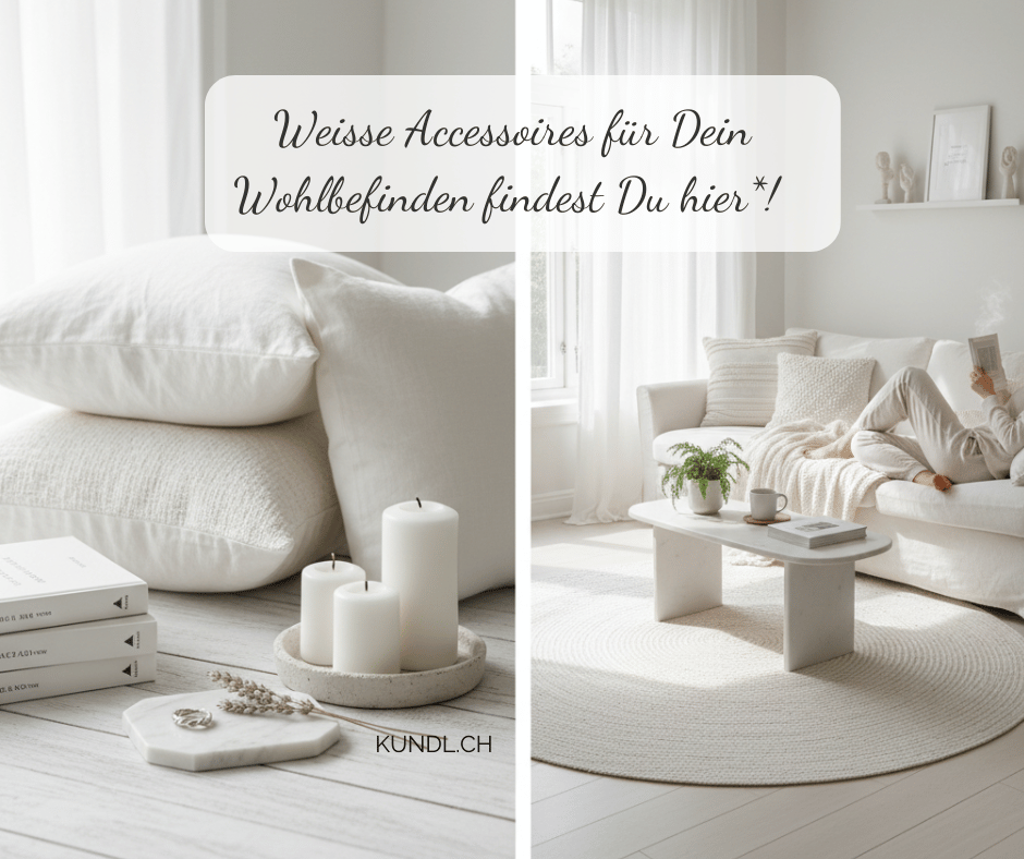 weisse Accessoires, wie Kissen, decken, Kerzen und Deko für mehr Wohlbefinden als Affiliatelink
