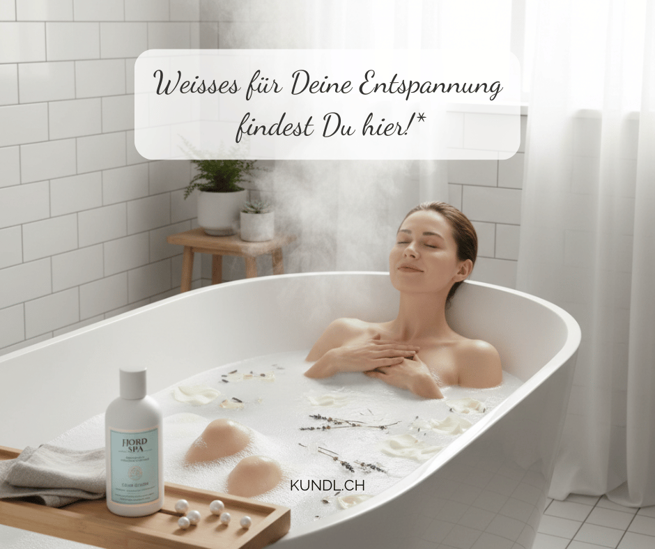 entspannt wirkende Frau in einer weissen Badewanne als Affiliatelink