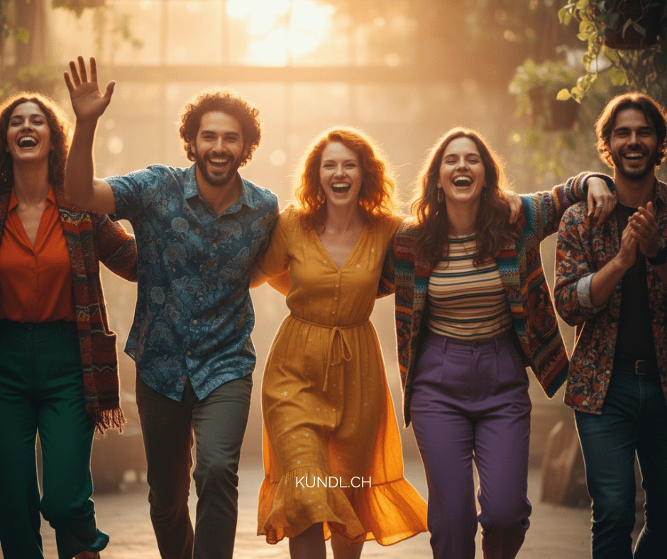 5 lachende Frauen und Männer als Symbol für Lebensfreude und positive Bindungen in einem ausgeglichenen Sakral-Chakra