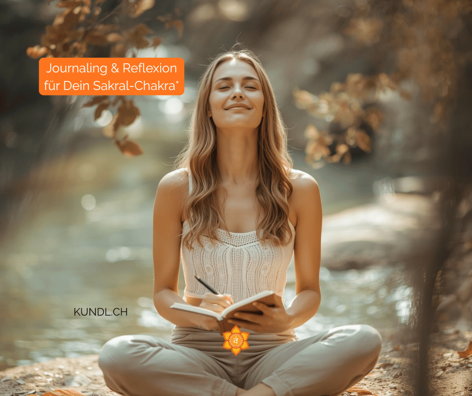 entspannt lächelnde Frau, welche ihre Empfindungen zum Sakral-Chakra in einem Journal reflektiert als Affiliatelink