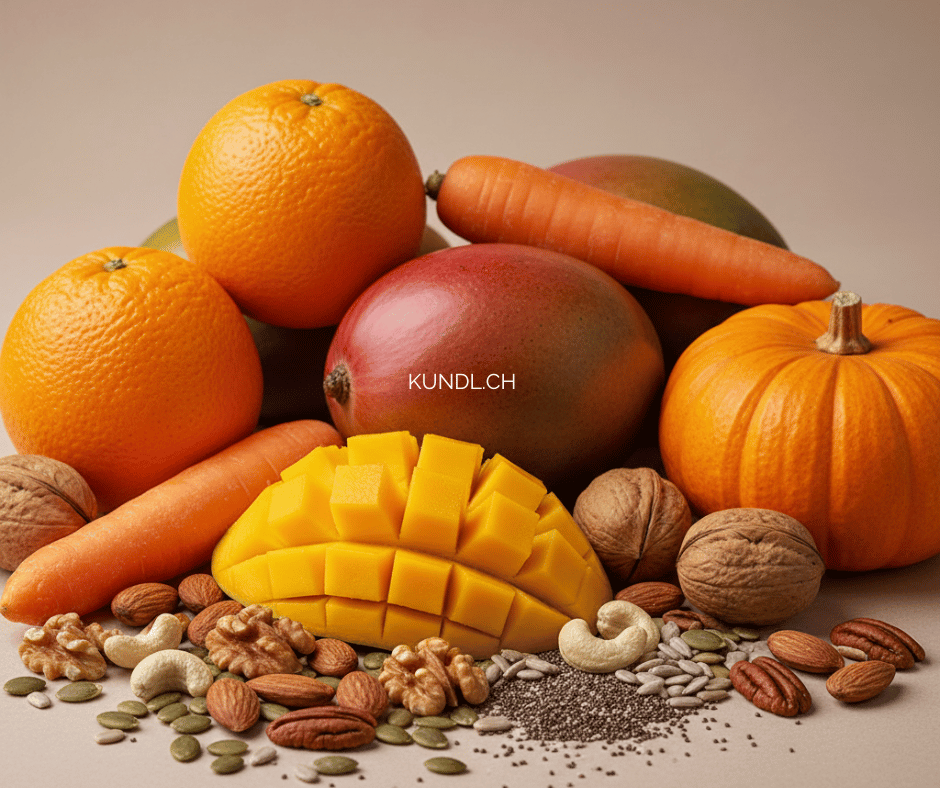 orange farbene Lebensmittel umgeben von Nüssen und Samen zur Stärkung des Sakral-Chakras