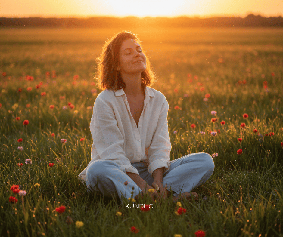 verträumt lächelnde Frau, die bei Sonnenuntergang auf einer Blumenwiese sitzt