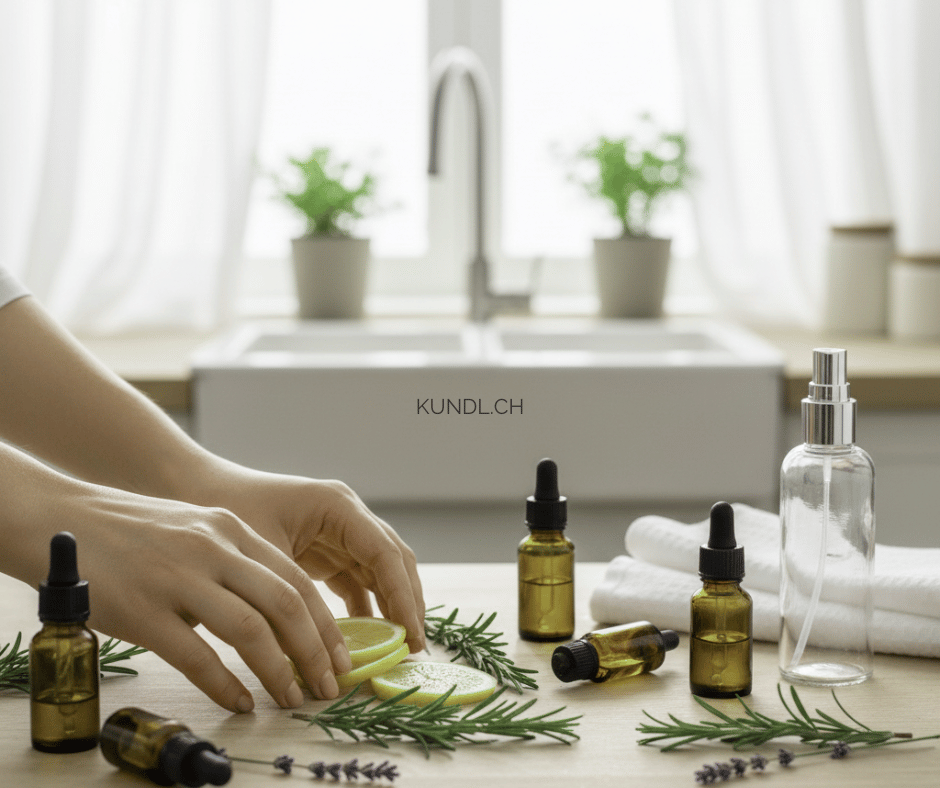 Zutaten wie ätherische Öle zur Herstellung eines DIY Raumduft als Teil der Aromatherapie