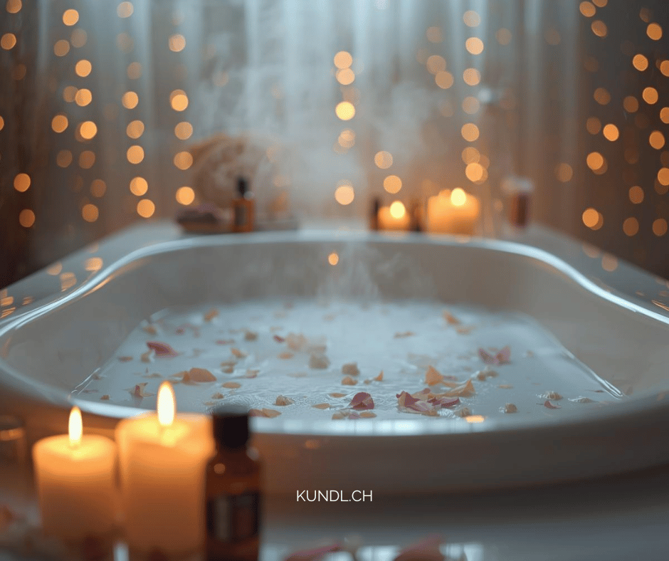 Badewanne in entspannter Atmosphäre mit Kerzen, Blütenblättern und ätherischen Öl 