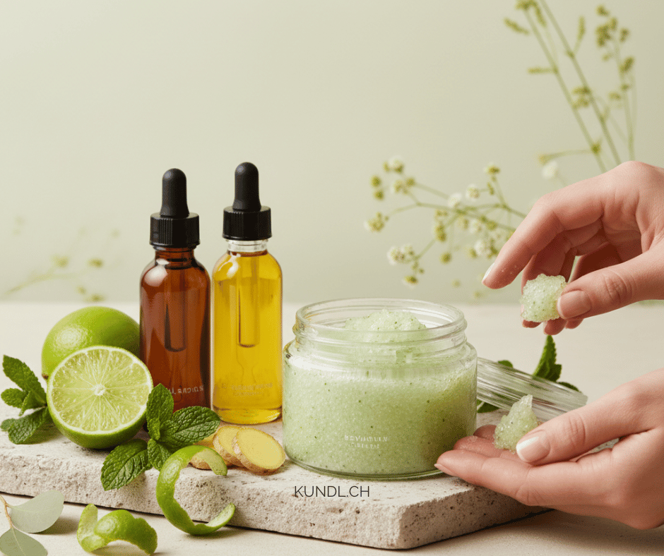 Zutaten für ein DIY Duschpeeling mit ätherischen Ölen aus der Aromatherapie