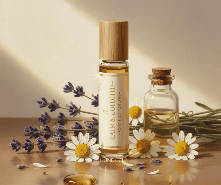 Roll-on mit ätherischen Ölen zur Beruhigung umgeben von Lavendel und Kamillenblüten