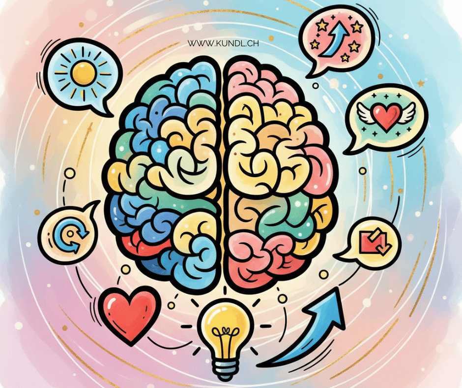 buntes Gehirn umgeben von positiven Icons symbolisieren die Wirkung von Affirmationen