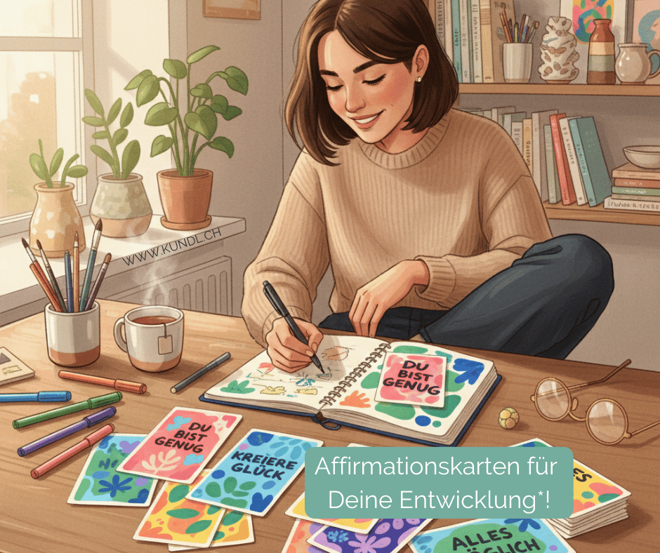 lächelnde Frau bein Journal schreiben mit Affirmationskarten