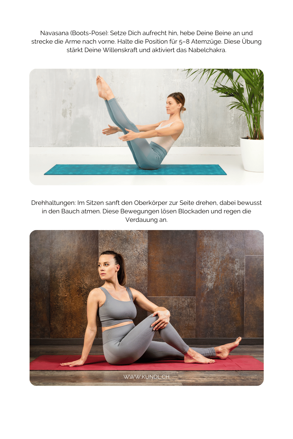 Yoga für das Nabelchakra Bootspose und Drehung des Oberkörpers im Sitzen