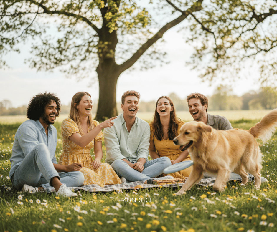 5 lachende Menschen im Park mit ihrem Hund