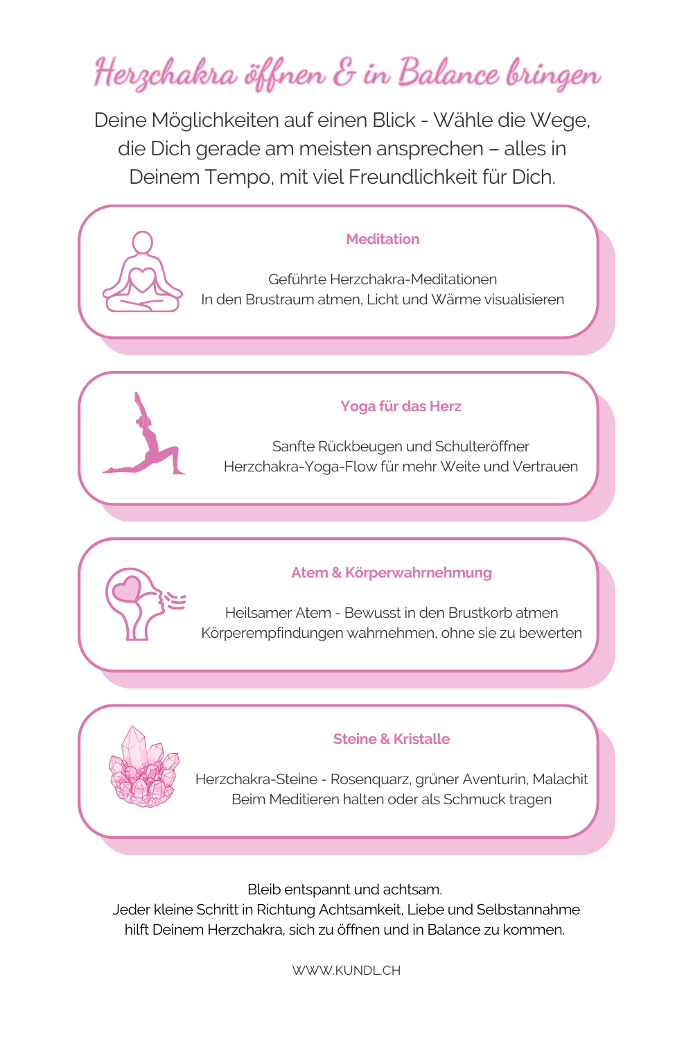 Icons zu vier verschiedenen Techniken das Herzchakra in Balance zu bringen