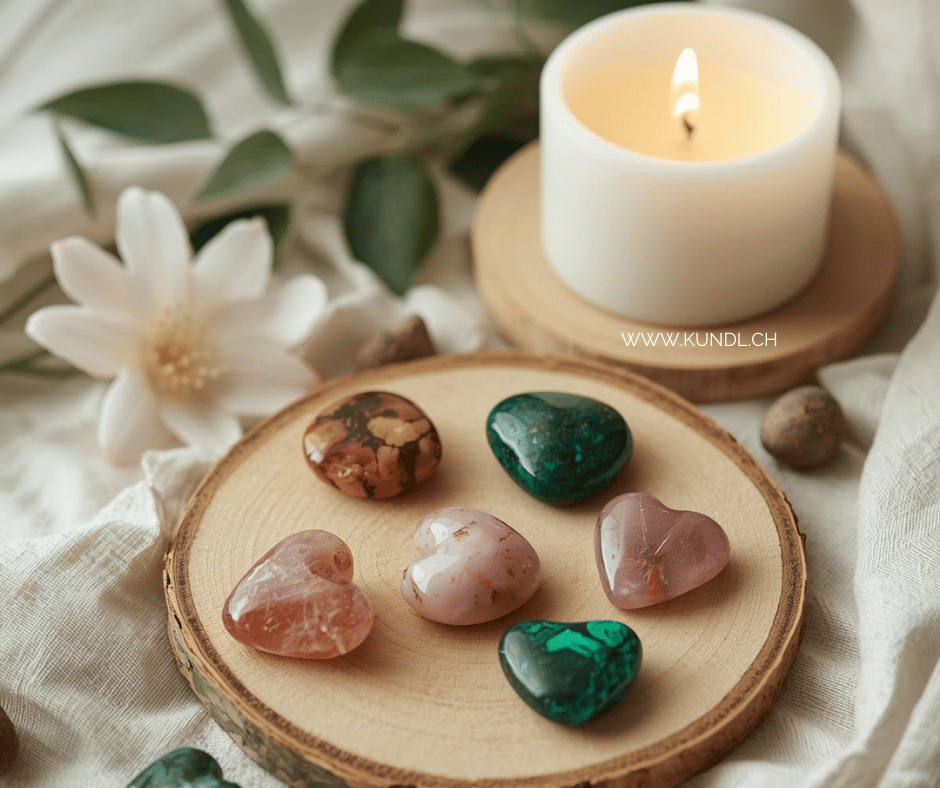 diverse Heilsteine auf einer Holzscheibe umgeben von Blüten und einer Kerze zur Stärkung des Herzchakras