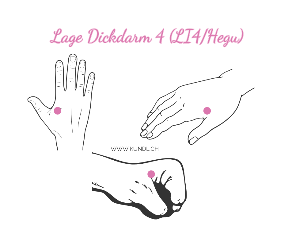 3 Hände in verschiedenen Stellungen mit der Markierung des Dickdarm 4 Akupressur Punktes