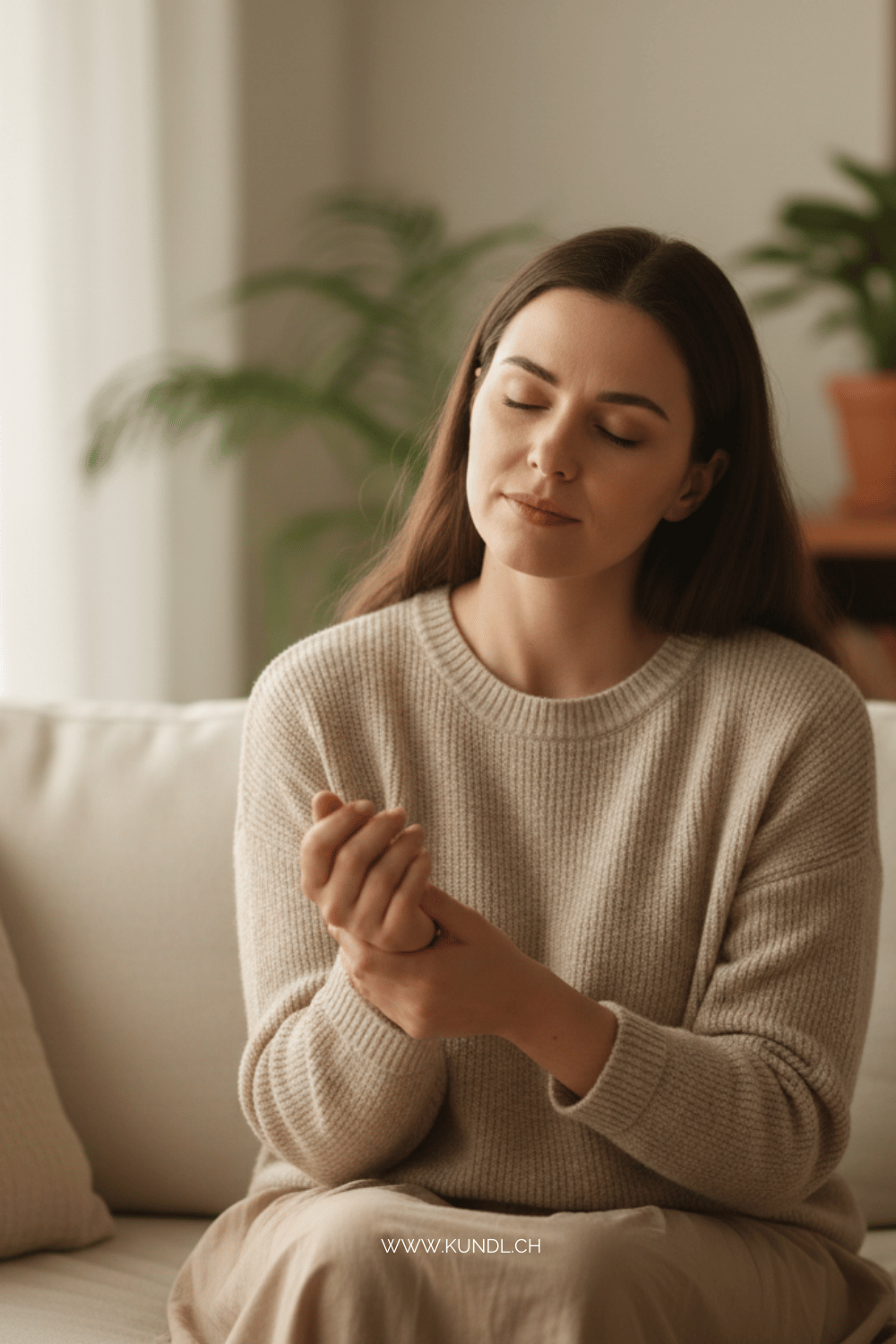 entspannte Frau die Akupressur an ihren Händen anwendet