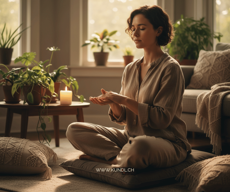 entspannte Frau im Wohnzimmer welche Dickdarm 4 massiert unm bewusst im Hier und Jetzt zu sein
