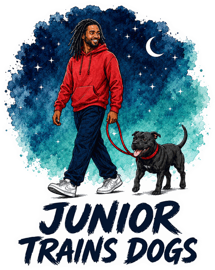 Junior Trains Dogs logo: a man walking a black dog on a loose red leash