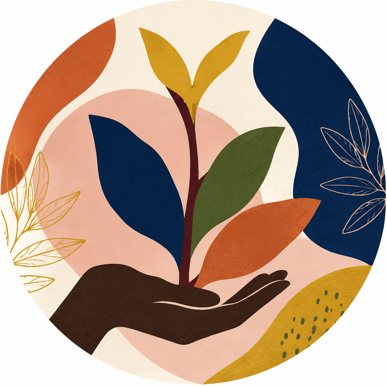A hand gently holding a growing plant in warm botanical colors