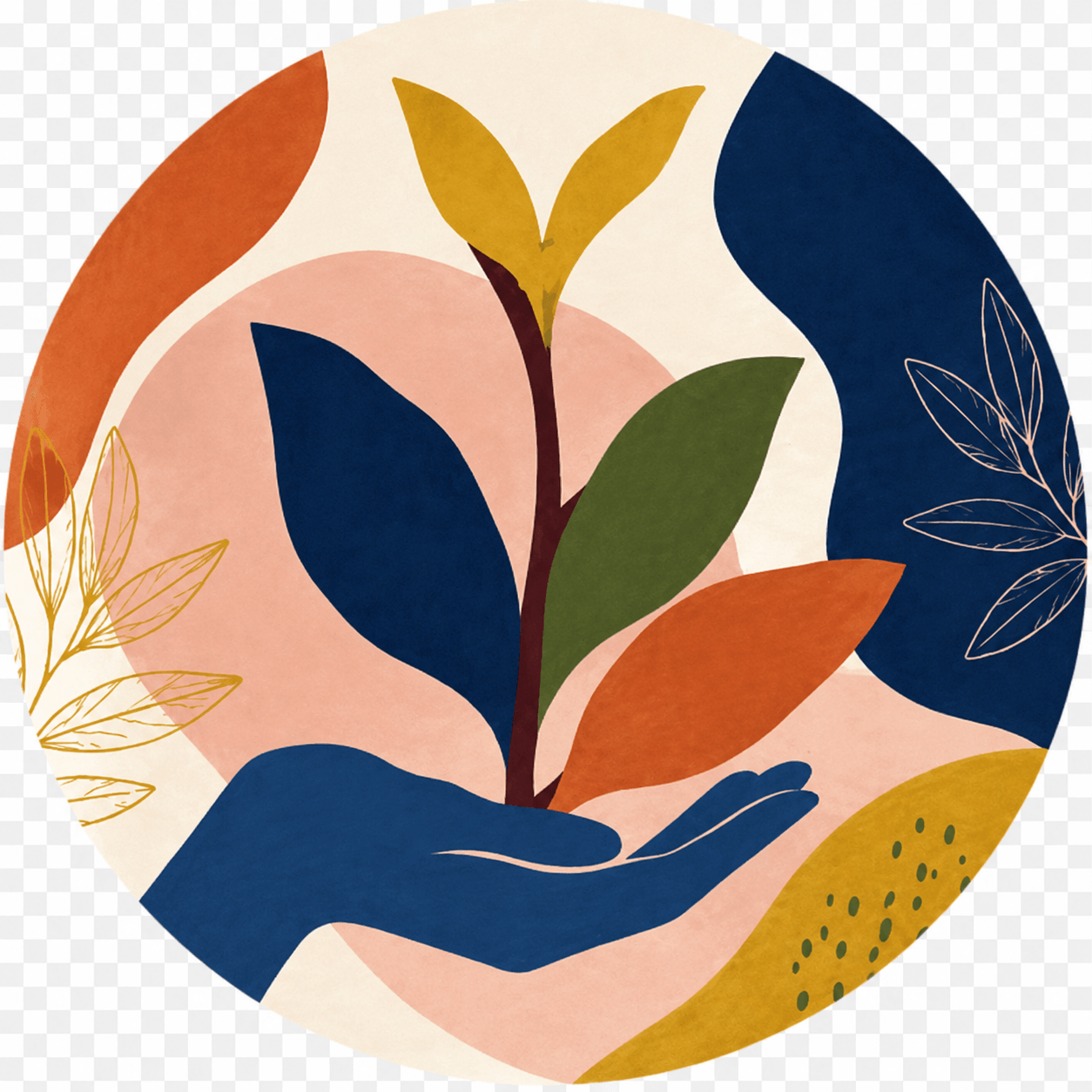 A blue illustrated hand supporting a colorful plant