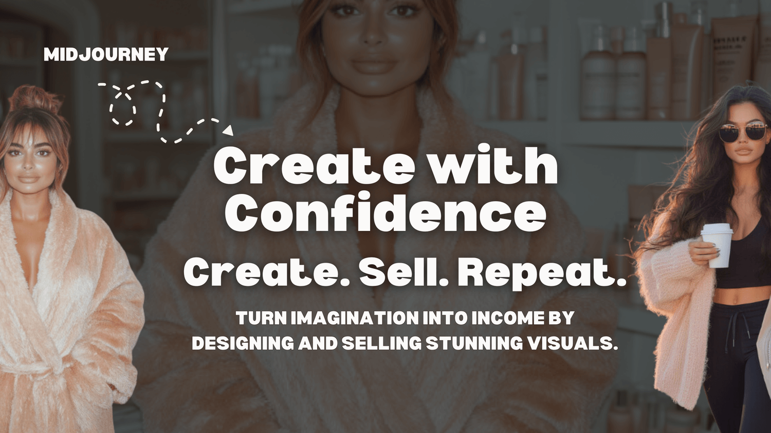 A graphic for a course titled "Intro to Midjourney." It features a smiling woman with long blonde hair on the left, outlined in white, against a collage of serene lifestyle and model images. The bold white text "Intro to Midjourney" is centered. A woman in a black shirt and sunglasses raises a peace sign on the right. Dotted arrows and text reading "Education" are at the top, and "Ness & Brit" is in the corner.