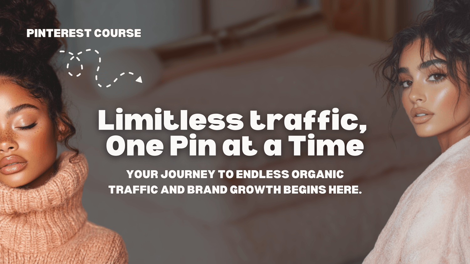 A graphic for a course titled "Mastering Pinterest Marketing." It features a smiling woman with long blonde hair on the left, outlined in white, against a blurred background. The bold white text "Mastering Pinterest Marketing" is centered. Dotted arrows and text reading "Education" are at the top. The title includes "Ness & Brit" in the corner.