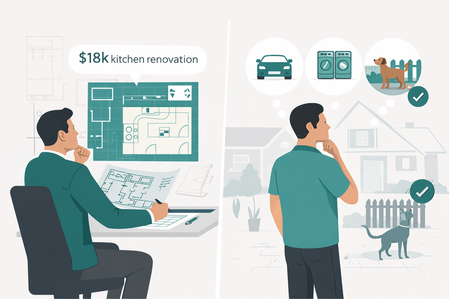 Case Study Example showing a $18k kitchen renovation vs a renovation that includes better parking, laundry and fenced yard for the ideal renter persona.