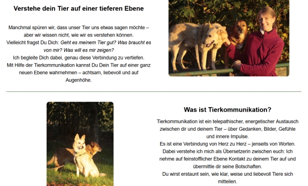 Ein Screenshot der Startseite von Johanna's Tierkommunikation.