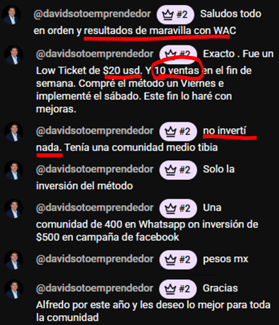 Comentarios de David sobre sus ventas
