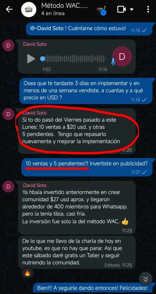 Chat de David con sus ventas